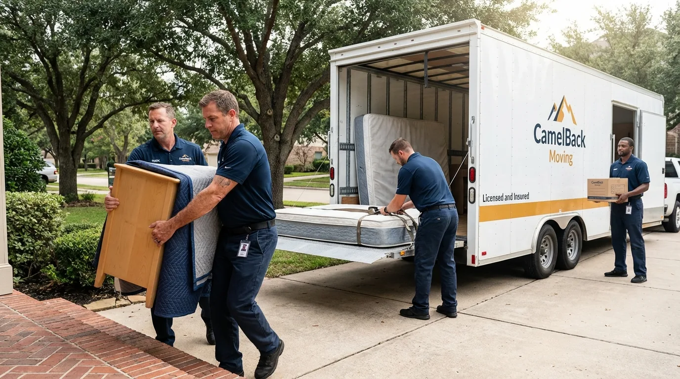 Crew loading residential truck for cross-state move from Weimar, TX