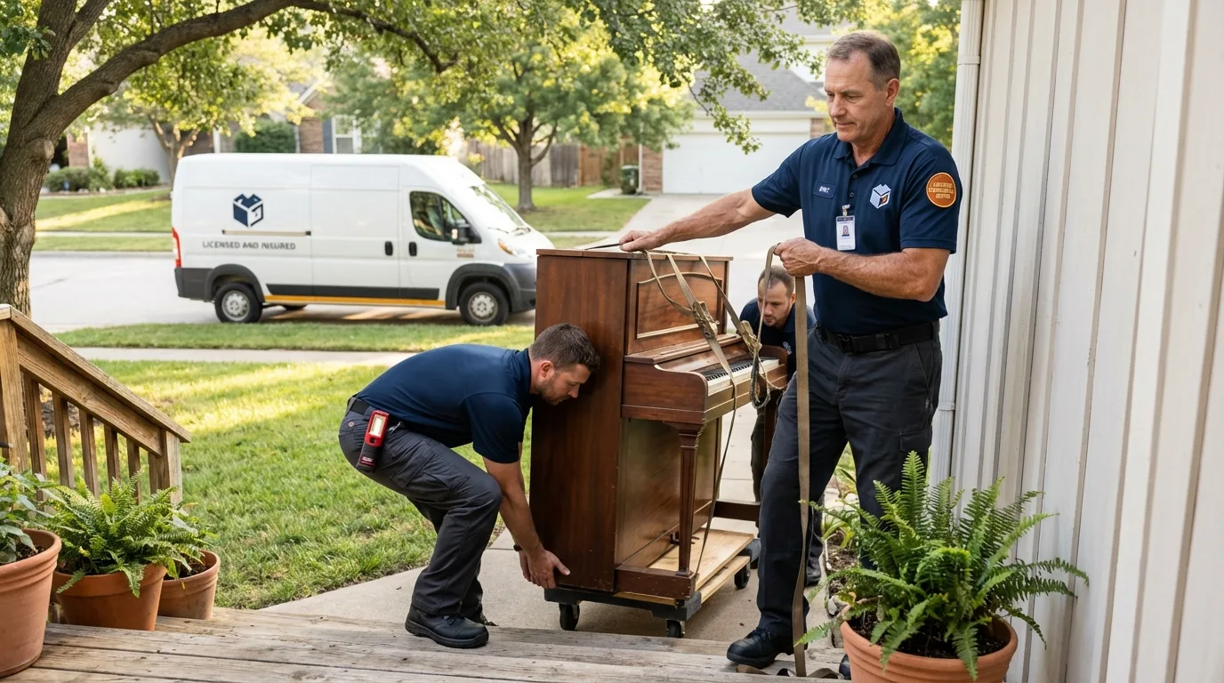 Licensed piano movers securing grand piano in Weimar, TX