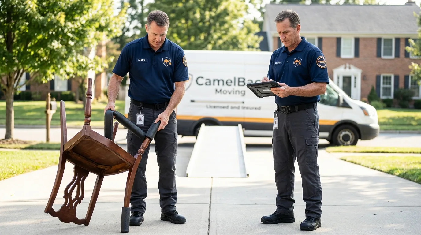 Movers inspecting furniture for damage prevention before loading in Weimar, TX
